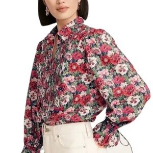 Liberty of London x J. Crew poppy red blouse with scalloped edge collar & cuffs